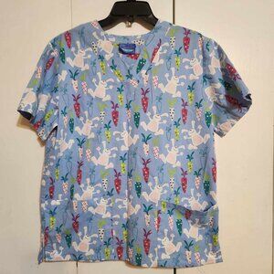 Small Carol's Scrubs Blue Easter Bunny Holiday Nurse Uniform Scrub Top
